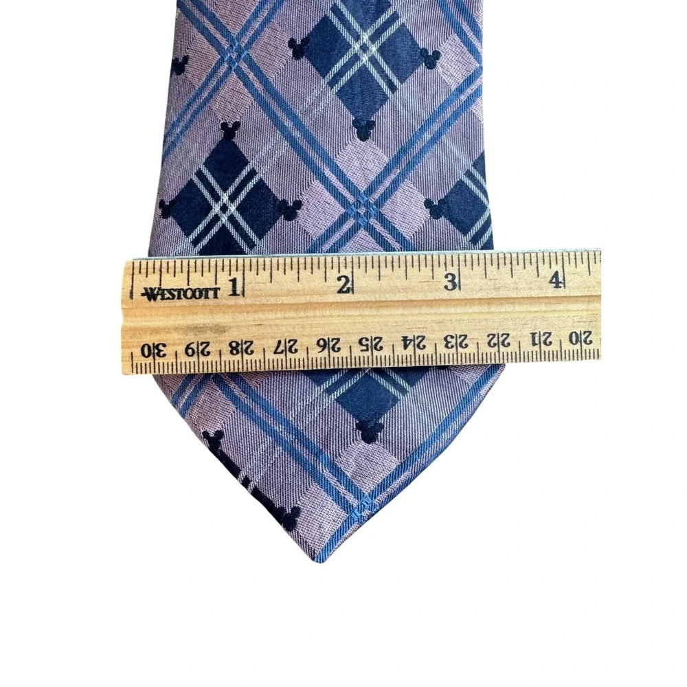 Disney Parks Mens Silk Tie Mickey Mouse Plaid Purple Navy Blue Woven Necktie